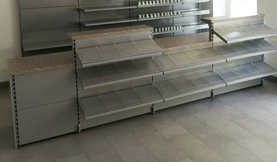 Tresen 3,73 m Weißaluminium (silber) mit Holz in Granit-Optik Tresen 3,73 m Weißaluminium (silber) mit Holz in Granit-Optik